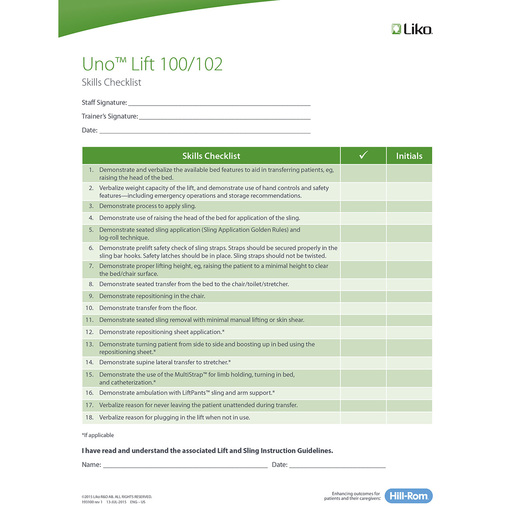 Uno Lift Skills Checklist